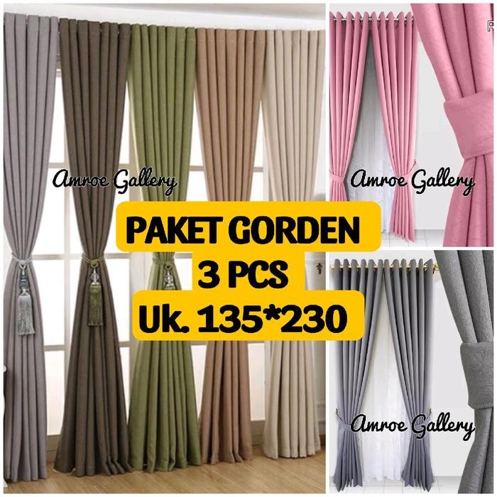 Mo Paket Dapat 3 Gorden Pintu Jendela Smokring Lebar 135 Tinggi 230 Gold Kain Katun Silver