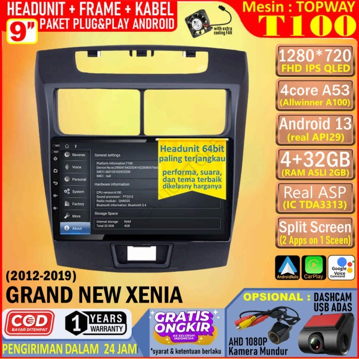 PREMIUM Paket Headunit Android 9 inch + Frame + Soket PNP Daihatsu Xenia 2012 Topway T100 RAM