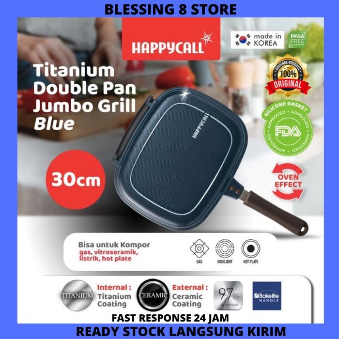 PREMIUM HAPPY CALL JUMBO GRILL TITANIUM BLUE DOUBLE PAN Wajan HappyCall ASLI