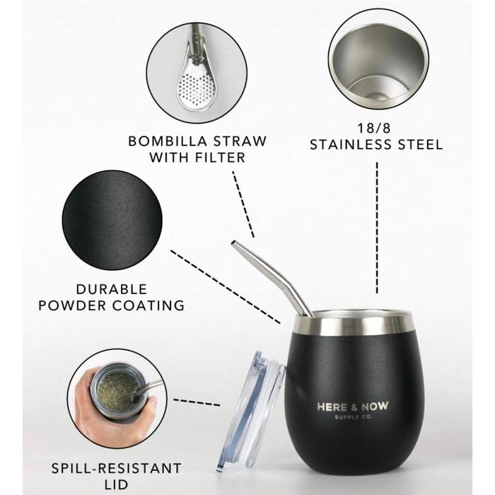 Here & Now Yerba Mate Black Cup & Bombilla Set Yerba Mate Gourd Kit