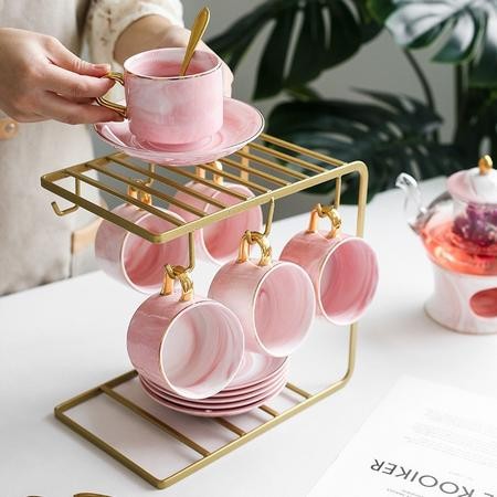 Cangkir Kopi / Teh Set /Cangkir Set Marble 6 Pcs Dengan Gantungan Cangkir