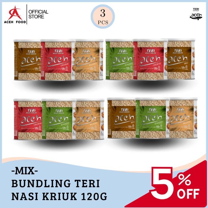

Bundling Teri Aceh Nasi Kriuk MIX (Original, Balado, Rumput Laut, BBQ) Kemasan Kaleng 3pcs x 120 gr