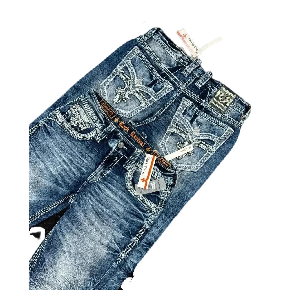 New American Style Street Wear Hip Hop Rock Revival Embroidered Jeans Loose Casual Y2K Wide Leg