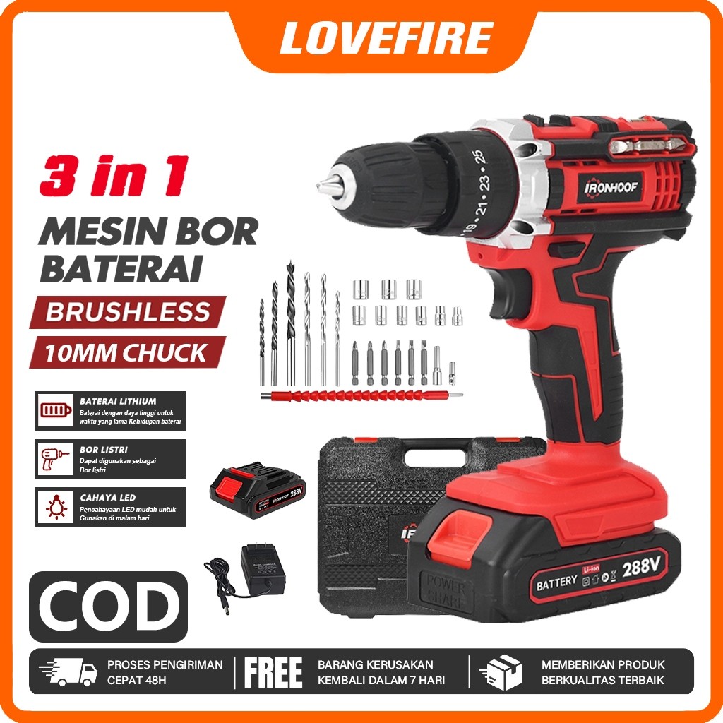 Leaf - IRONHOOF Mesin Bor 288V Bor Baterai Brushless Mesin Bor Lisrik Cordless Bor Lithium