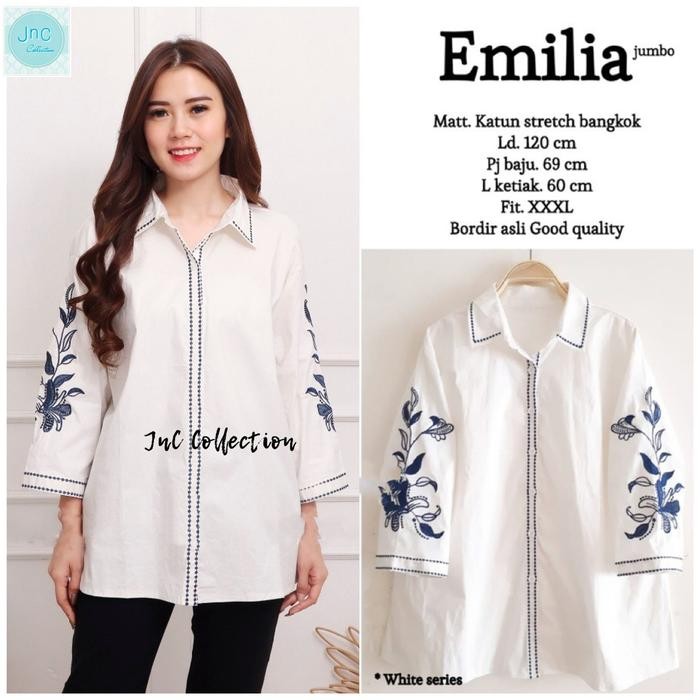 PREMIUM ATASAN KEMEJA BORDIR JUMBO PUTIH LD 120 -EMILLIA JUMBO