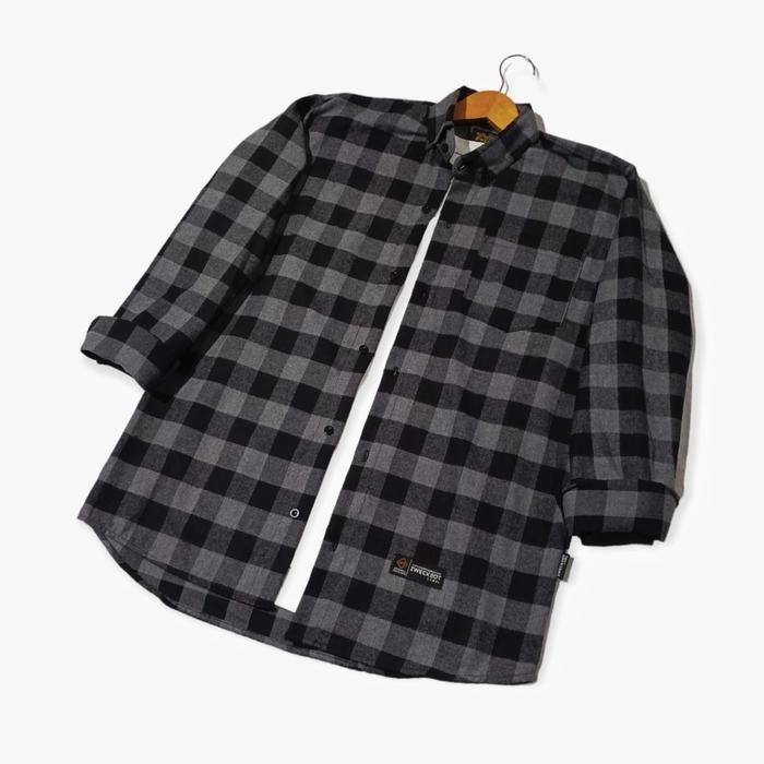 PREMIUM Kemeja Pria Flannel Lengan Panjang Motif Kotak Kotak Abu Jumbo - XL