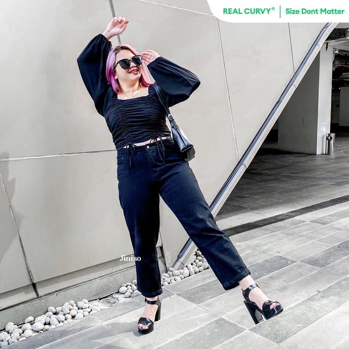 PREMIUM JINISO REAL CURVY - 1303 Jumbo Boyfriend Highwaist Celana Jeans Wanita Warna Black