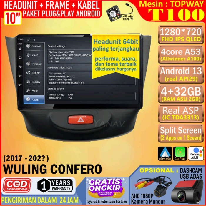 PREMIUM Paket Headunit Android 10 inch + Frame + Soket PNP Wuling Confero 2017 Topway T100 RAM