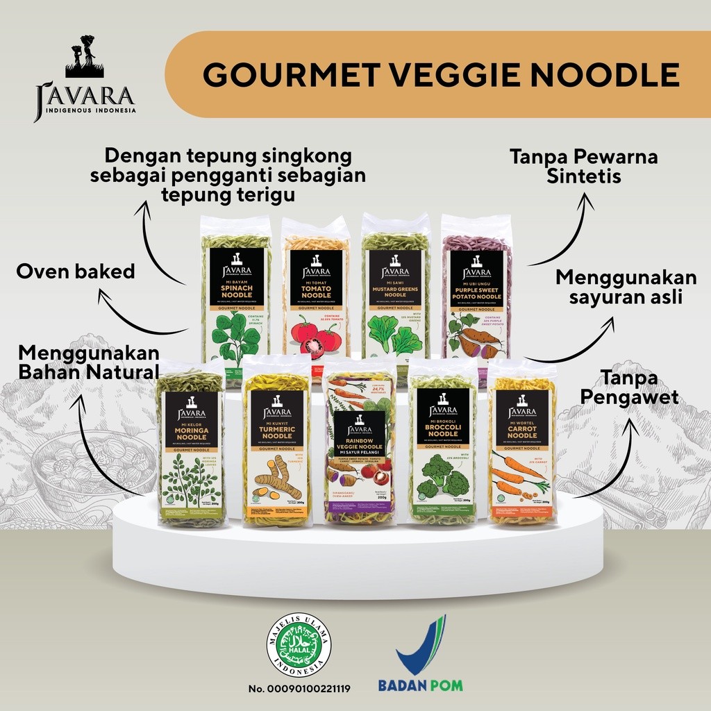 

Javara Gourmet Noodle 200g - Javara Mie Sayur Sehat Tanpa Bumbu 200g