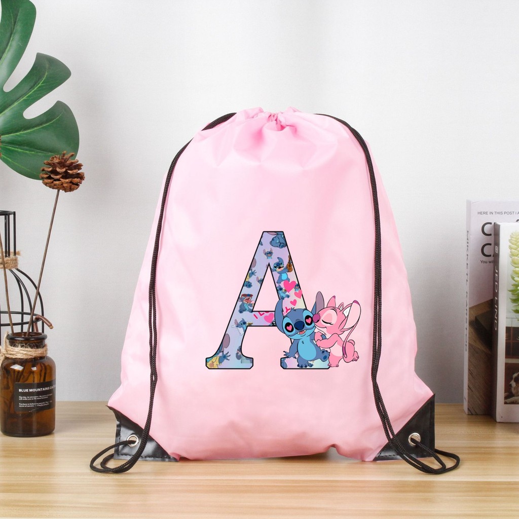 Disney Stitch Alphabet A-Z Drawstring Bag Sports Waterproof Backpack Gym Mochila Portable Polyester