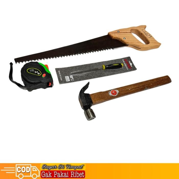 Paket Peralatan Tukang - Gergaji Kayu Baja Asli Siap Pakai- Palu Kambing Linggis Mini Meteran Kikir
