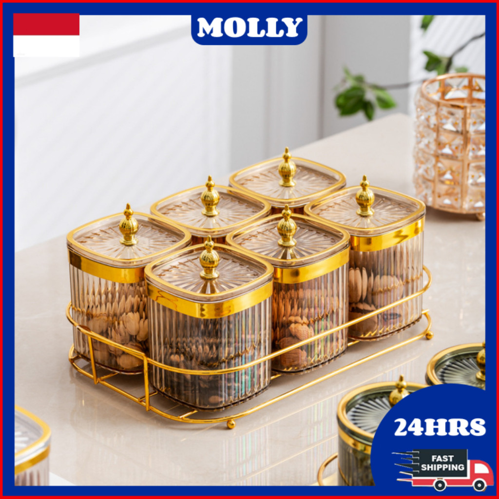 Toples Set Isi 4/6 Set Toples Penyimpanan Makanan dengan Nampan / Snack Tray Akrilik / Toples Nampan