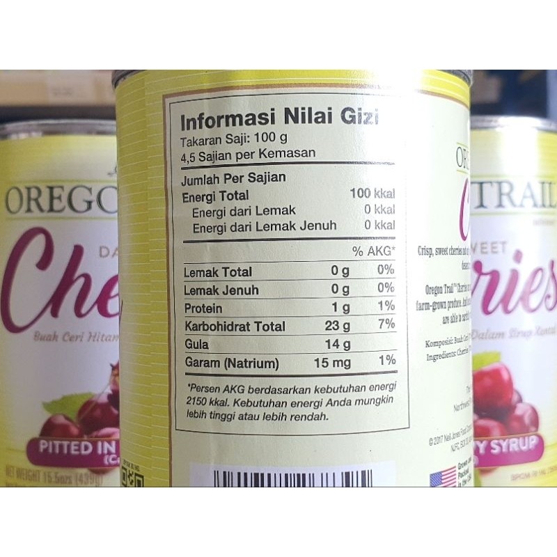 

Sensasi Lezat Dark Cherry Kaleng 439Gr / Oregon Trail Dark Cherry 439Gr / Dark Sweet Cherries 439Gr