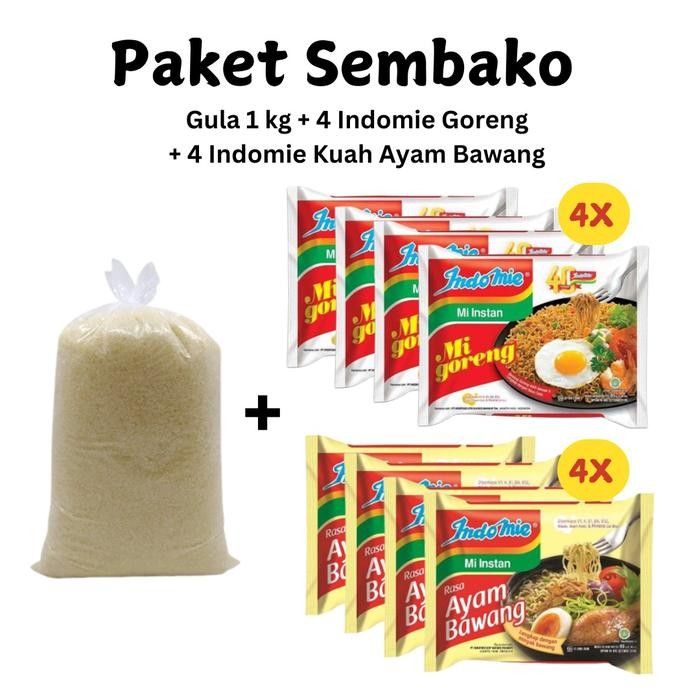 

Paket Sembako Gula 1 kg + 4 Indomie Goreng + 4 Indomie Kuah Ayam Bawang New