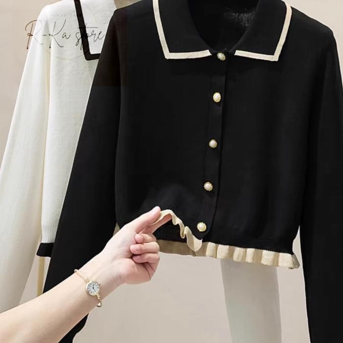 Switter rajut crop / atasan rajut berkerah hitam putih premium Knitwear Cardigan Outer Top Baju