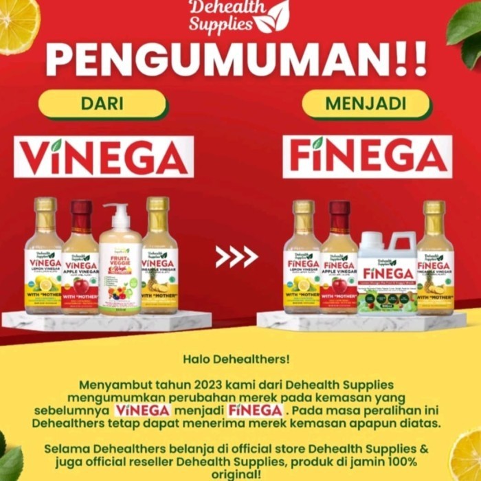 

FINEGA VINEGA CUKA APEL / CUKA NANAS / CUKA LEMON 500ML BOTOL KACA - APPLE CIDER VINEGAR - ACV -