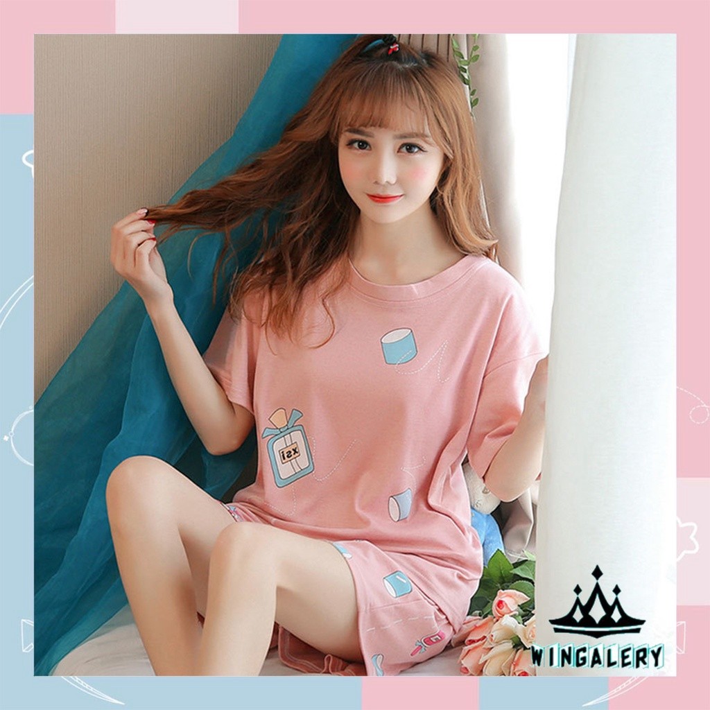 WINGALERY Set Piyama Lengan Pendek Baju Tidur Wanita Dewasa Motif Kartun Pajamas Dewasa 4019 WE