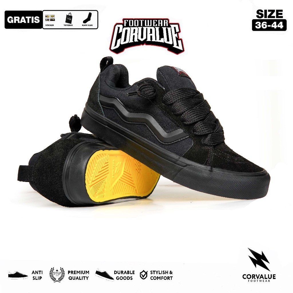 CUCI GUDANG SEPATU CORVALUE FOOTWEAR - OTARU FULL BLACK SEPATU SNEAKERS PRIA WANITA CANVAS CASUAL