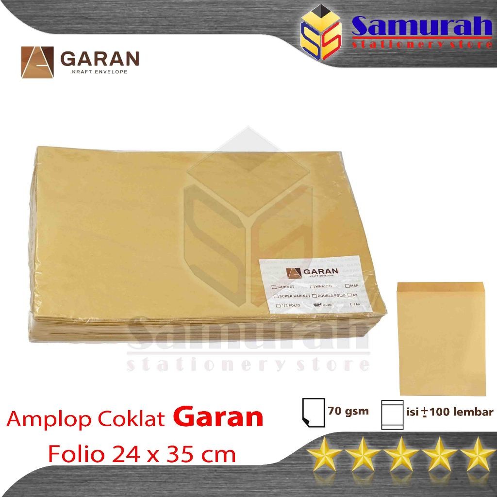 

Amplop Kertas Coklat GARAN Ukuran Folio 24 x 35 cm / Amplop Dokumen F4 1 Pak Isi 100 Tebal 70 Gsm /