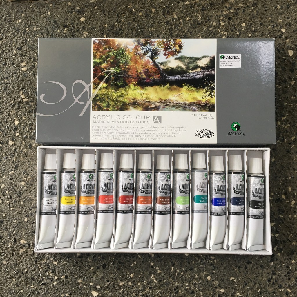 

Cat Lukis Akrilik Maries Acrylic Colour Set 12 Warna x 12 ml Series - Marie's 12x12ml Kanvas Paint
