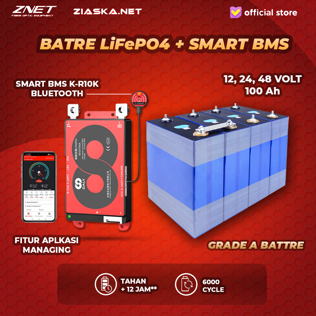 Battery Battre Batre Lifepo4 12V 24V 48V 100Ah dengan DALY BMS SMART 4S 8S 16S Bluetooth BATRE GRADE