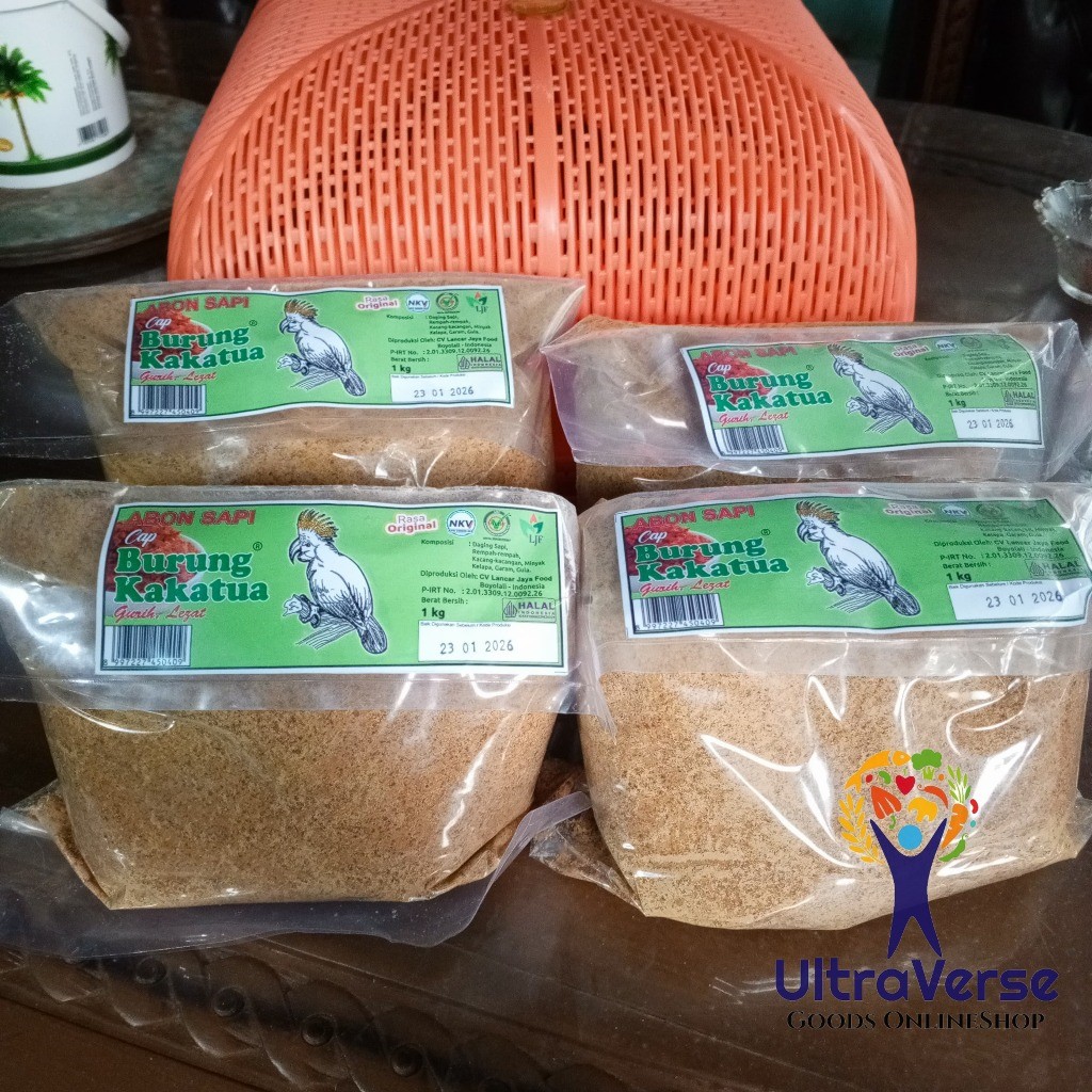 

Abon Sapi Cap Kakatua Boyolali 1kg Cap Burung Kakatua Label Hijau Granul Halus Halal Murah WE!!