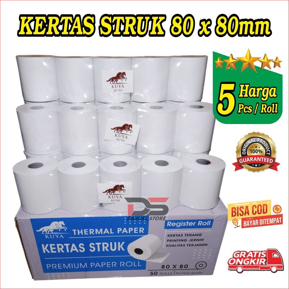 

Kertas Kasir Struk Paper Roll Termal 80x80mm,KERTAS KASIR KUYA 80X80, KERTAS STRUK THERMAL EDC 80X80