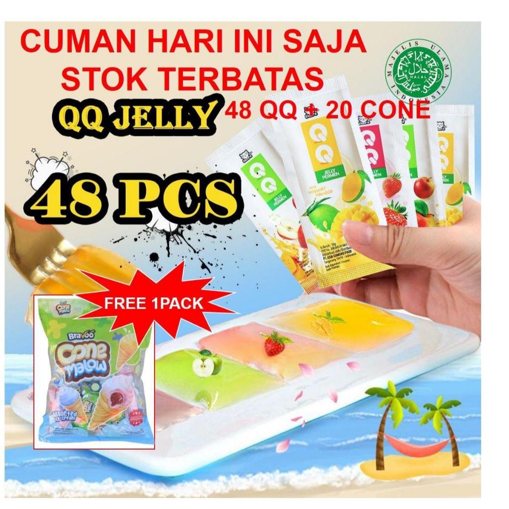 

Olivoliv Snack Qq Jelly Permen Isi 48 Pcs + 20 Pcs Free Cone Mellow Rasa Yougurt Mangga Yoghurt