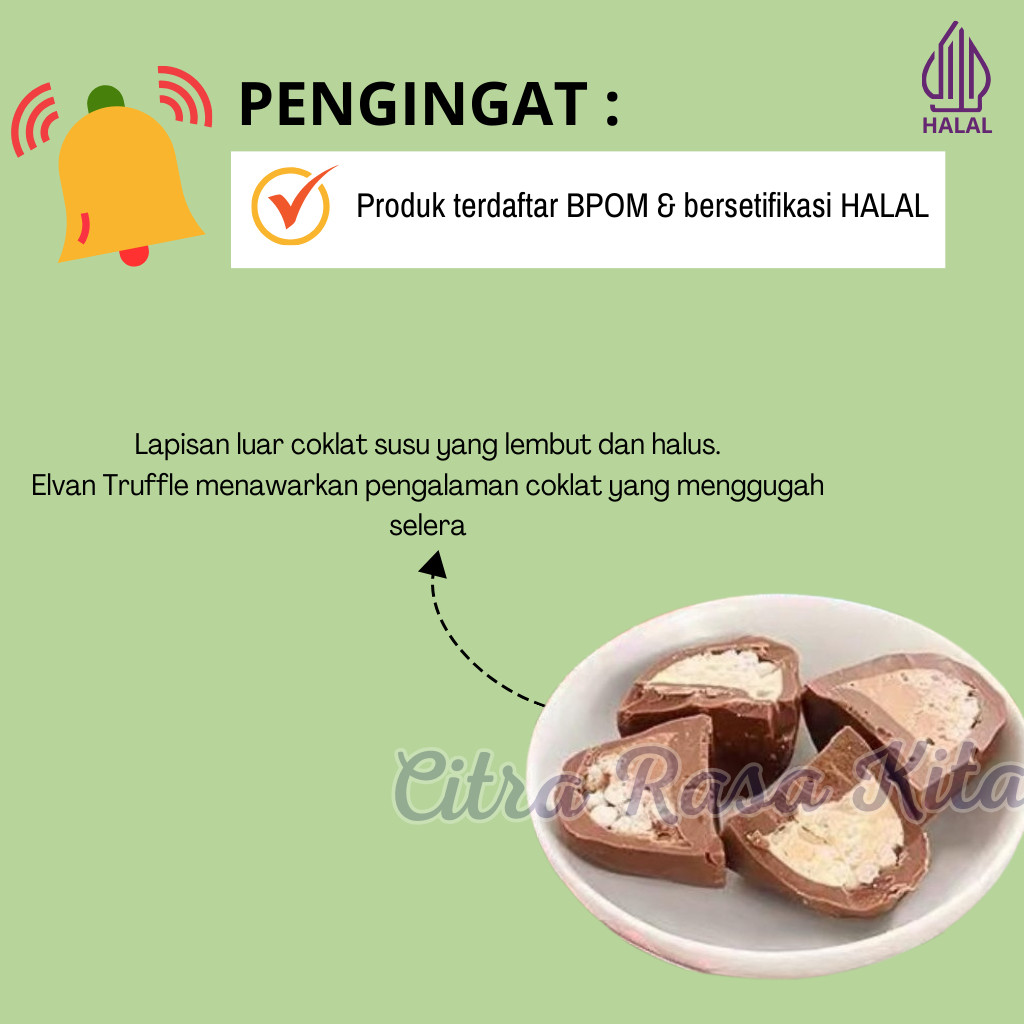 

Olivoliv Snack Halal Elvan Truffle Coklat Arab Turki Rasa Tiramisu, Milk, Caramel, Hazelnut, Coconut