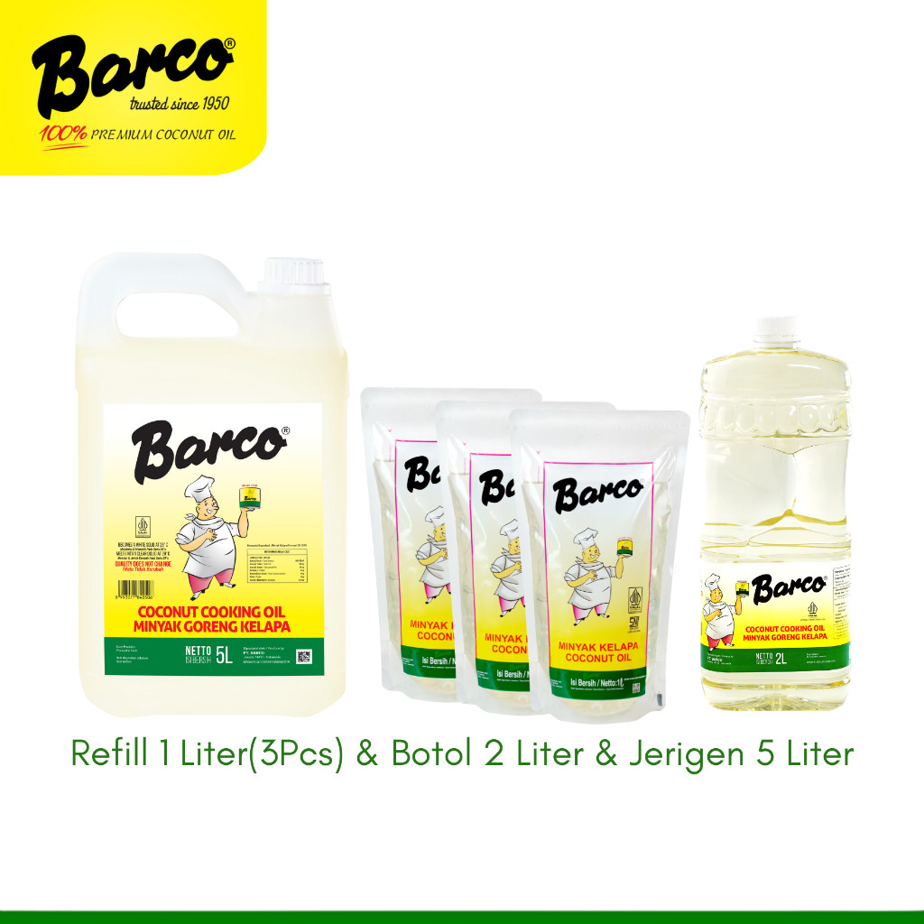 

PAKET HEMAT!! MINYAK GORENG BARCO REFILL 1 LITER (3PCS) & BOTOL 2 LITER & JERIGEN 5 LITER 100%