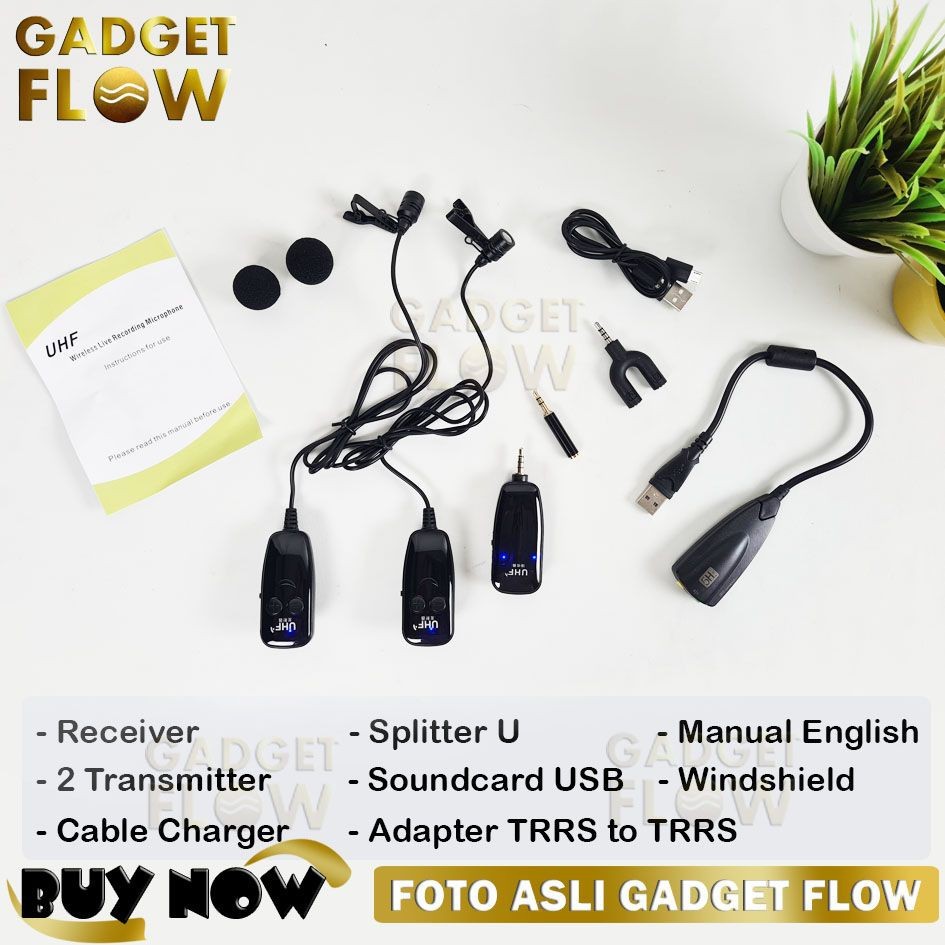 Microphone Mic Clip On Wireless Dual UHF 40 - 45 Meter Smartphone HP