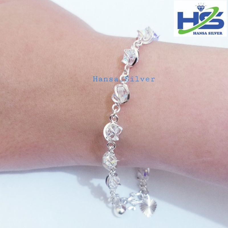 Gelang Perak Asli Tangan Wanita Silver 925 Lapis Emas Putih Batu Kristal Putih - Gelang Perak Wanita