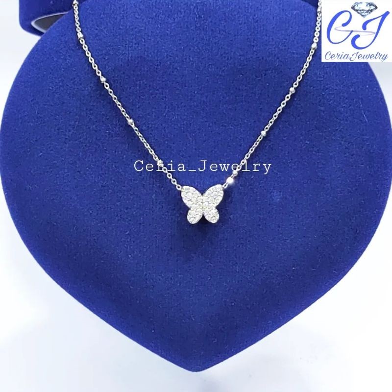 Kalung Perak Asli Silver Wanita 925 Lapis Emas Putih Model Liontin Kupu-kupu Permata , Kalung Model