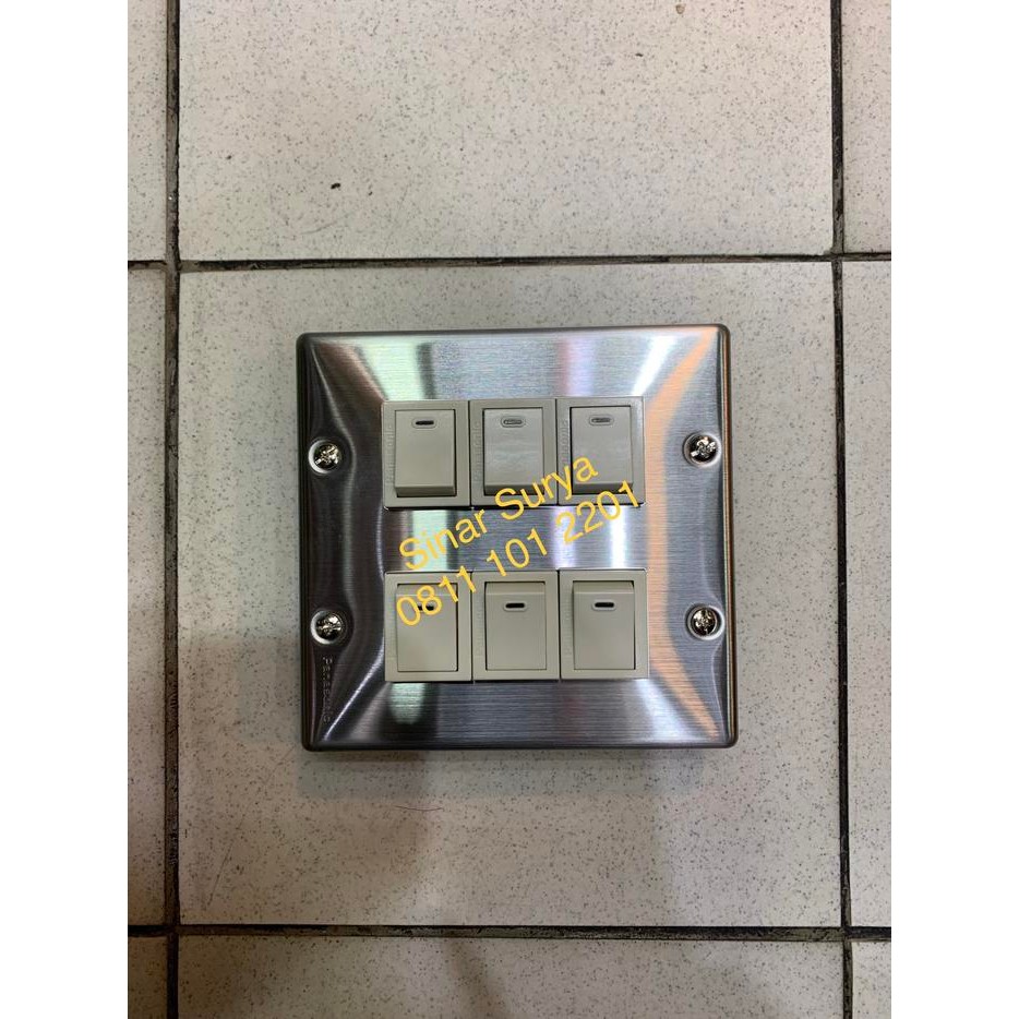 Panasonic Saklar Frame Stainless 6 Gang / 6 Kutub Set Inbowdoos Besi