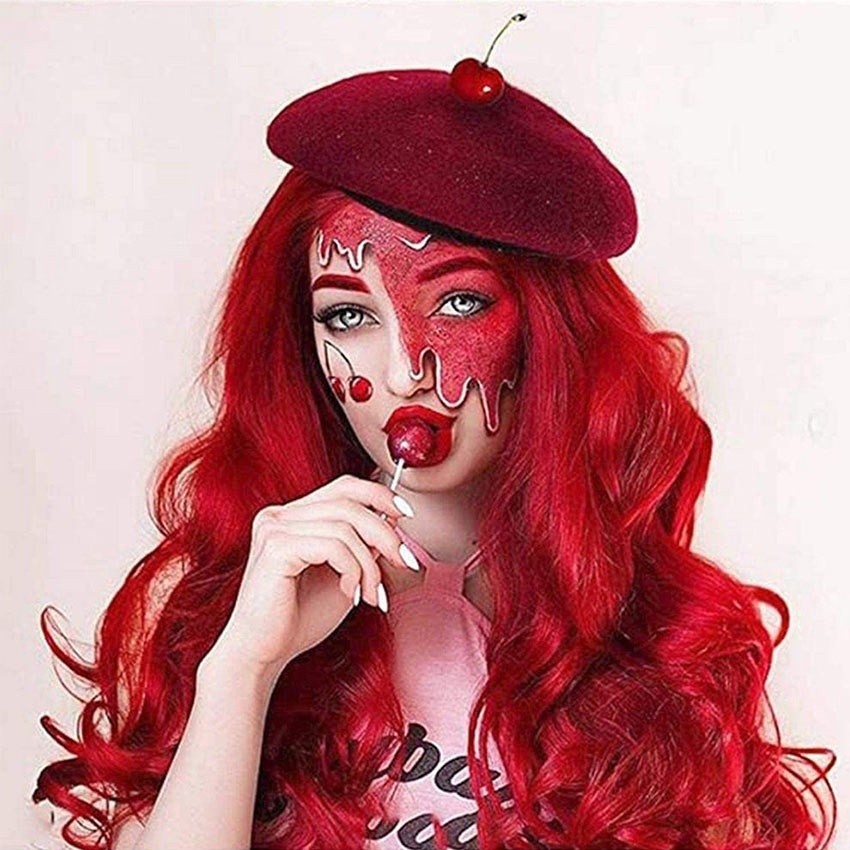 Wig Merah Panjang Curly Keriting Warna Cosplay Rambut Palsu Wanita Curly