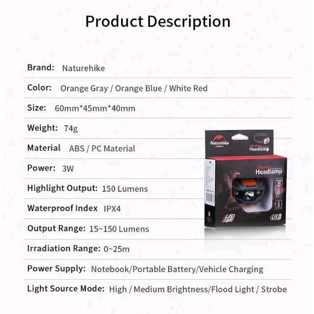 HEADLAMP 150 LUMEN NATUREHIKE NH00T002-D - SENTER KEPALA WATERPROOF