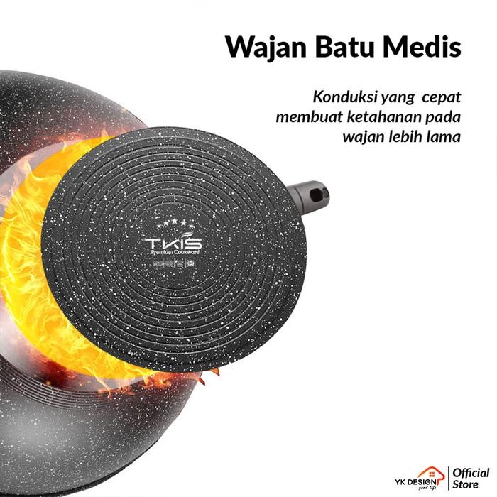 Merek TKIS By YK Design Wajan Batu Medis Permukaan Wajan Kasar Gagang Plastik Ukuran 32CM YK-822A01