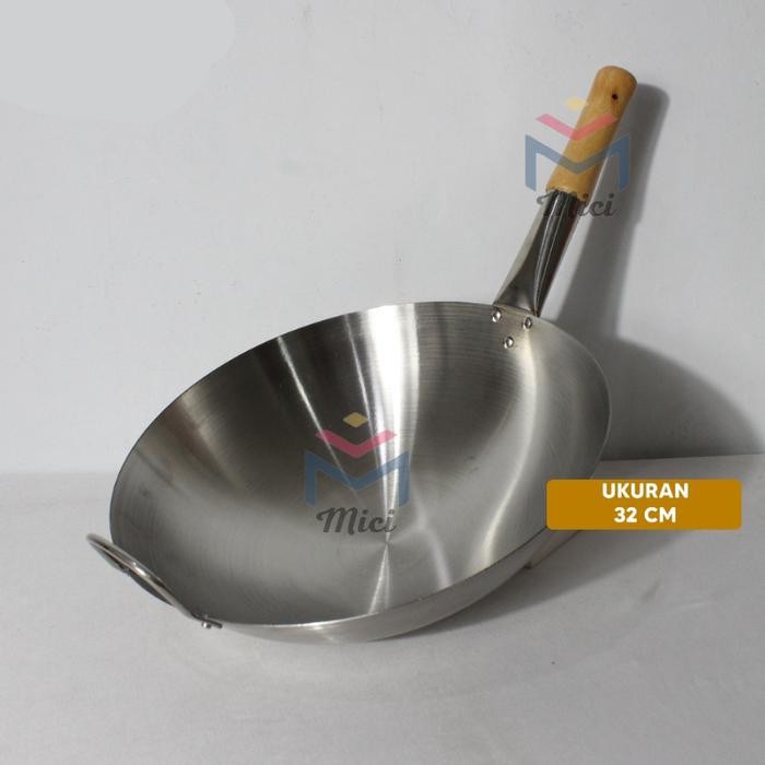 MICI Wajan Stainless Steel Gagang Kayu Anti Panas / Wajan Stainless Steel Gagang Kayu Anti Lengket /