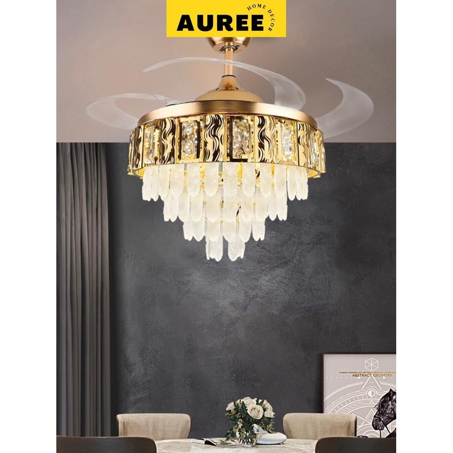 AUREE - Lampu Gantung Kipas Kristal Kaca LED 3 Warna Modern Minimalis Ruang Tamu Kamar Tidur