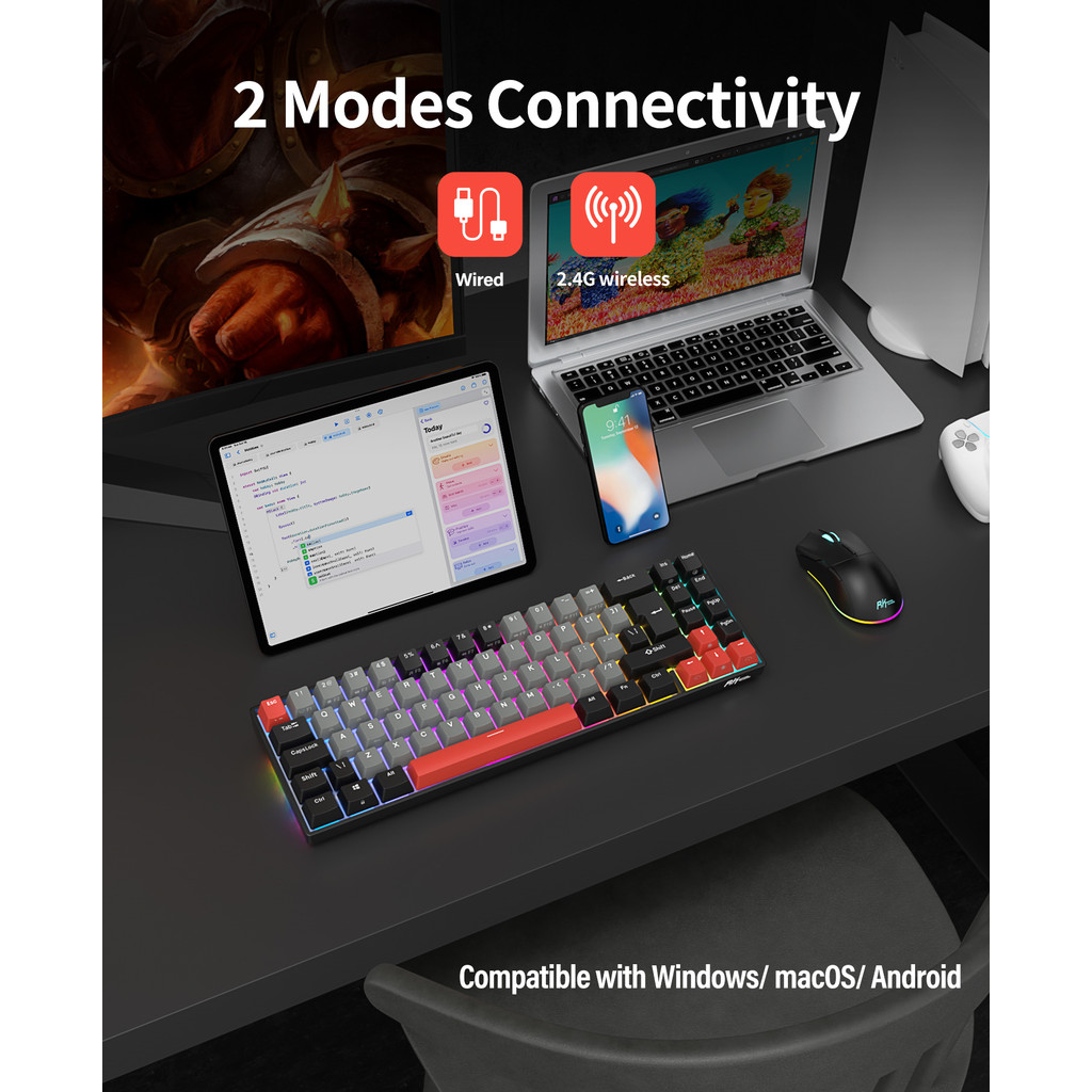 ROYAL KLUDGE RK71 2.4G Wireless ISO Gaming Keyboard Hot-swappable 71Keys  70% RGB Backlit Mechanical
