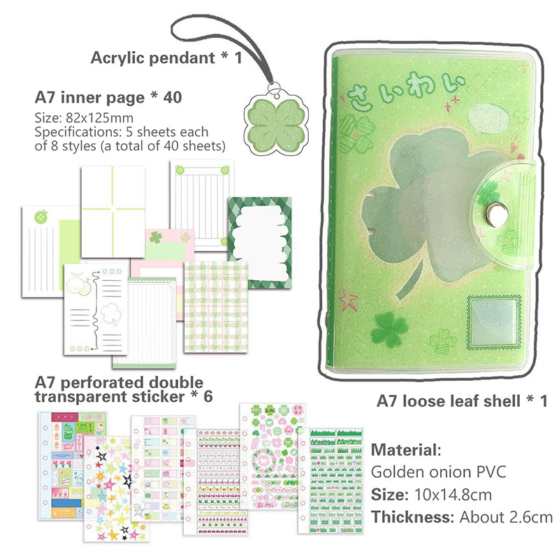 

A7 Binder Four-Leaf Clover&Girl Glitter Pvc Removable Loose-Leaf Notebook Sticker Storage Book