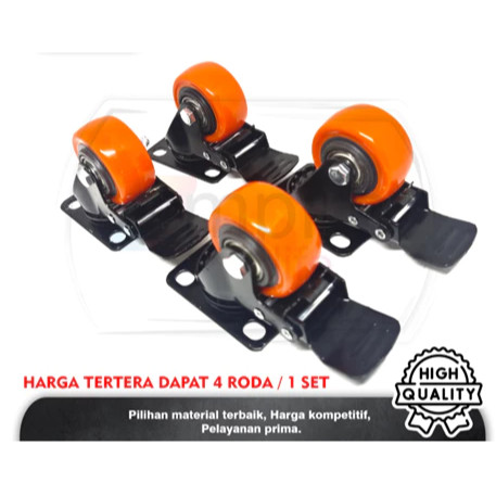 Bararoomkey_ Fukuda Roda Kastor 2 Inch Orange Tebal Plus Rem / Castor Swifel Plate Etalase Troli Per