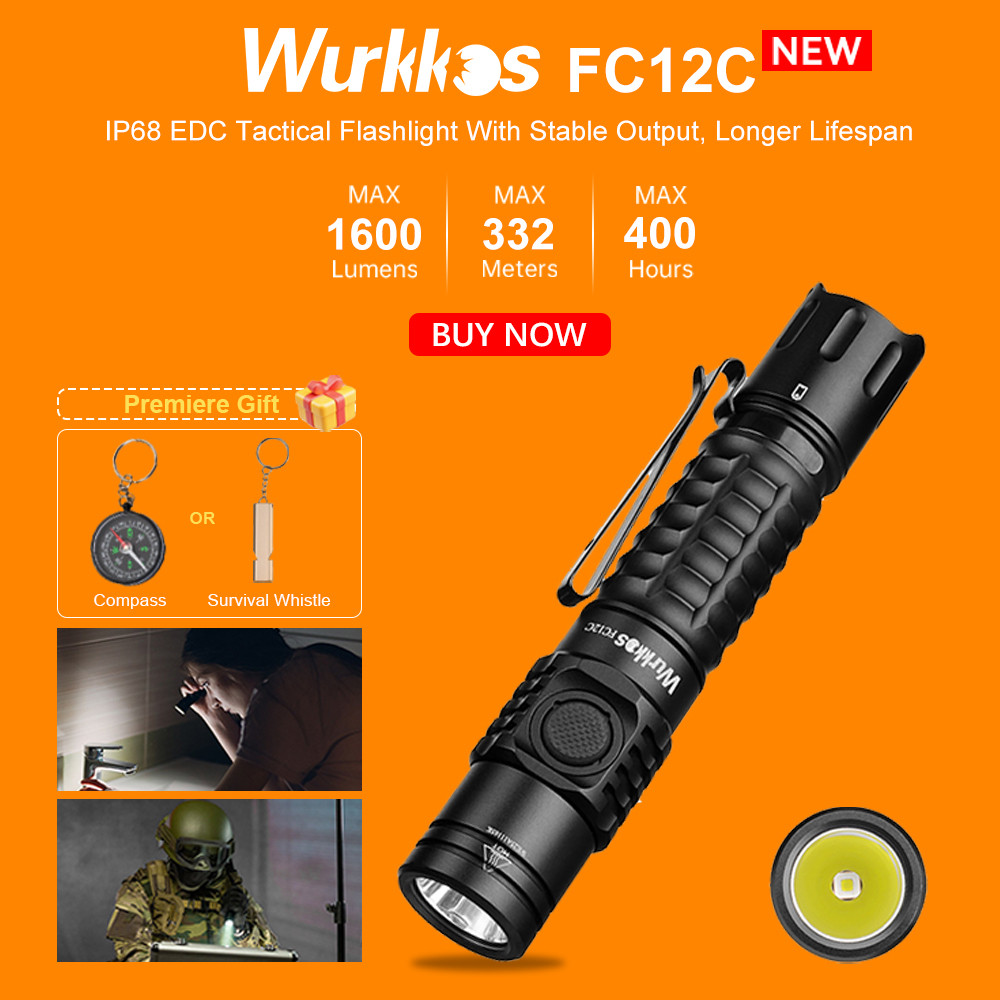 IMPORT Wurkkos FC12C Tactical Flashlight 1600LM Self Defense Torch 18650 Emergency Light IP68