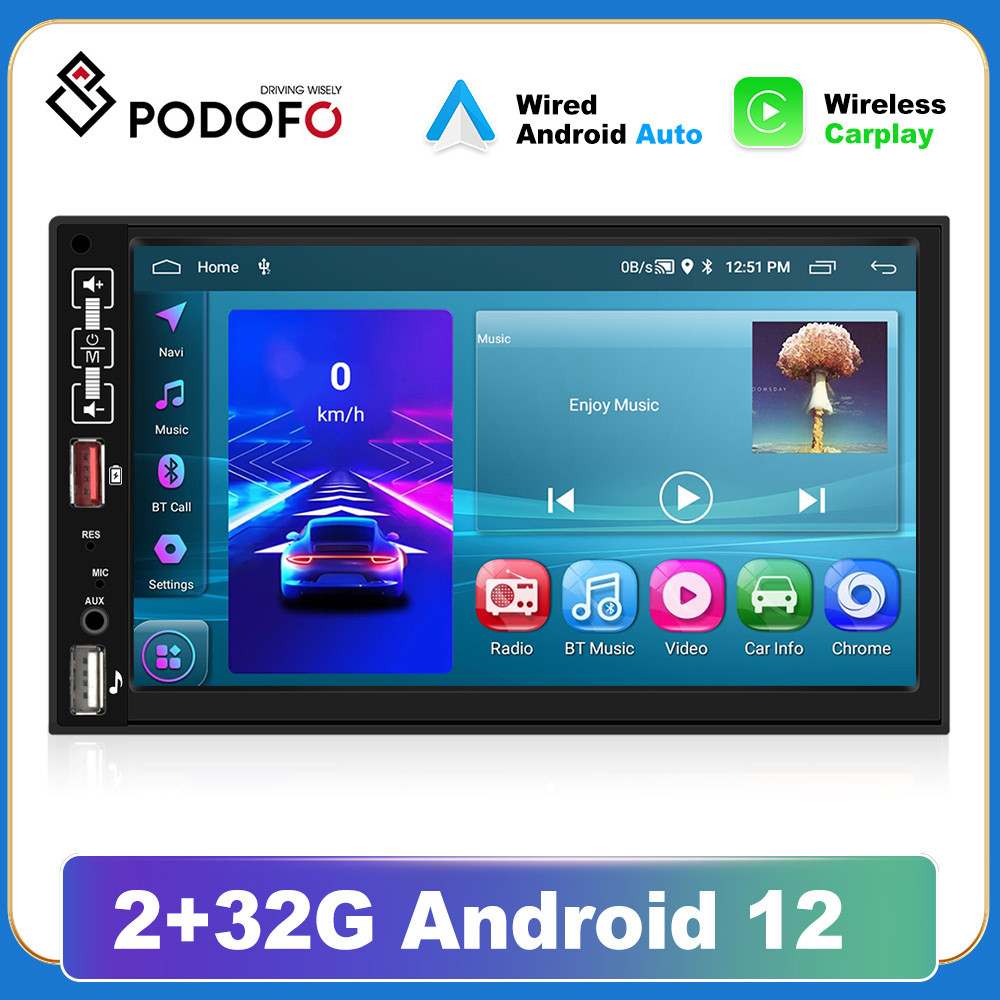 Podofo 2Din GPS Radio Mobil 7 ''Layar Sentuh Android 12 Pemutar MP5 Stereo Mobil Bluetooth WIFI GPS 