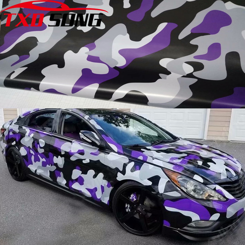 Premium Hitam Ungu Putih Kamuflase Vinyl Wrap Mobil Foil Film Auto DIY Styling Stiker Camo Mobil Wra