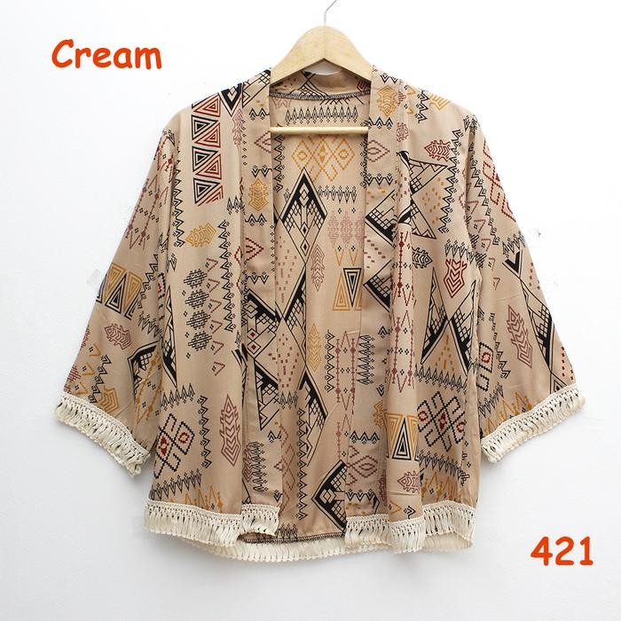 cardigan kimono katun adem batik rumbai cream etnik lace sisir maroon