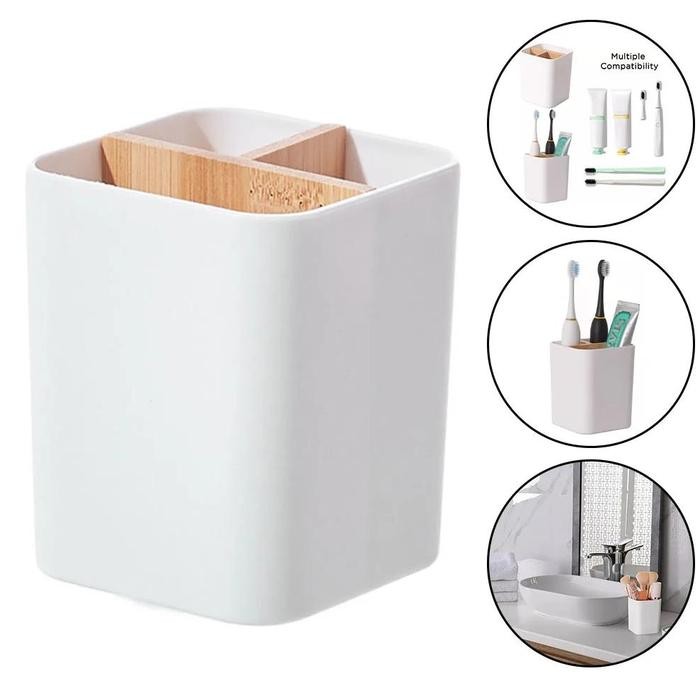 Bathroom Toothbrush Holder 3 Slots Wooden Toothpaste Razor Makeup BrushPen Holder Storage Box