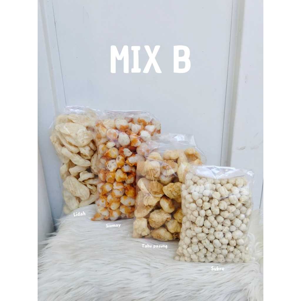 

waw PAKET HEMAT MIX - B ( 50 pcs tahu pasung, 50 pcs cuanki lidah, 1/2kg siomay mini, 250 gr sukro )