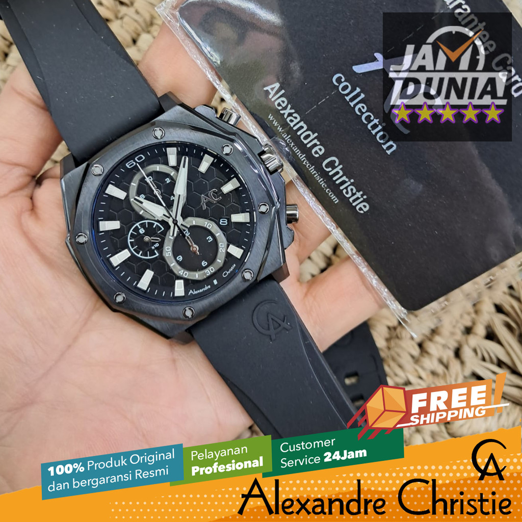 JAM TANGAN ALEXANDRE CHRISTIE COLLECTION PRIA ORIGINAL FULL BLACK RUBBER STRAP AC 9601 AC 9601 AC960
