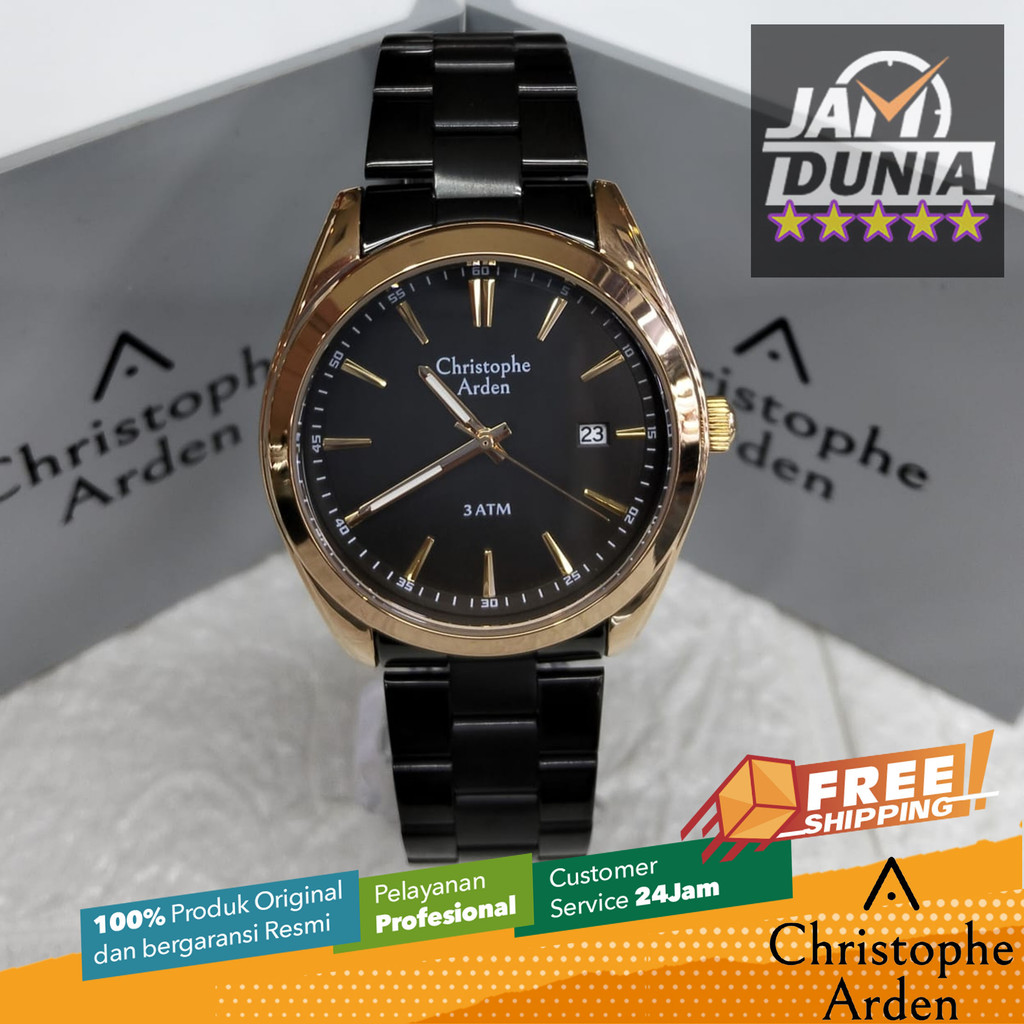 JAM TANGAN CHRISTOPHE ARDEN PRIA ORIGINAL BLACK ROSE GOLD STAINLESS STEEL STRAP CAF2001 CA F2001 JAM